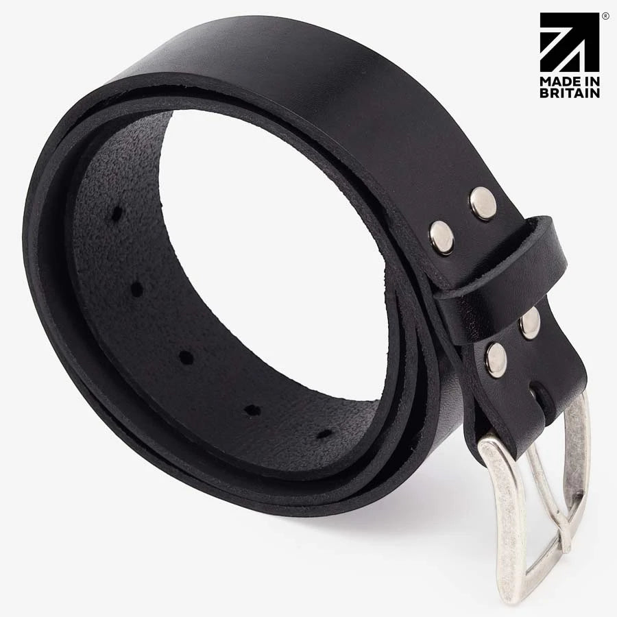 Coiled black full-grain Italian leather belt showing adjustment holes and buckle