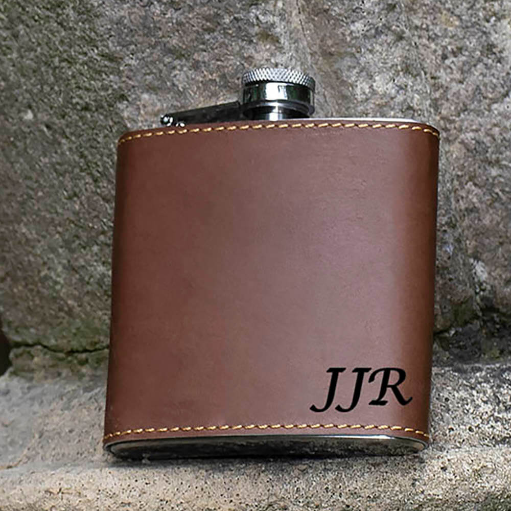 6oz Personalised Hip Flask with English Leather Sleeve