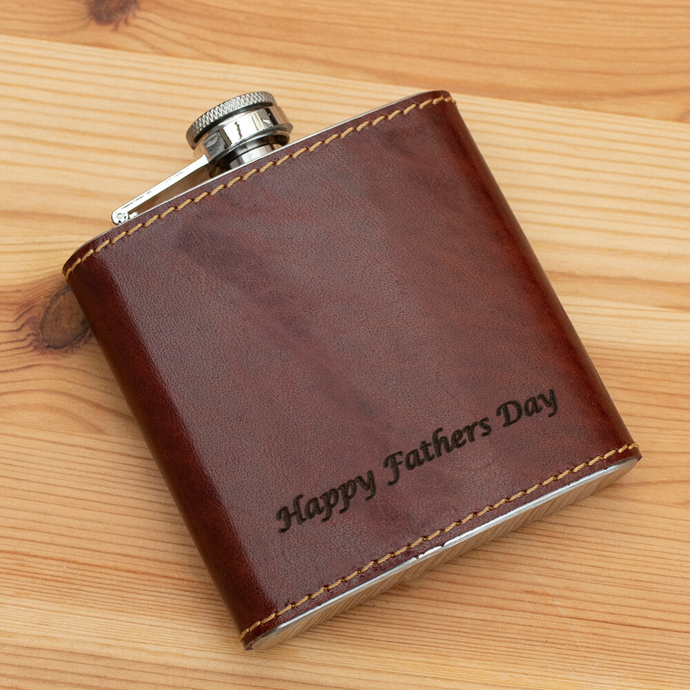 Stainless steel Hip flask with leather stitched wrap laser engraved personalised message
