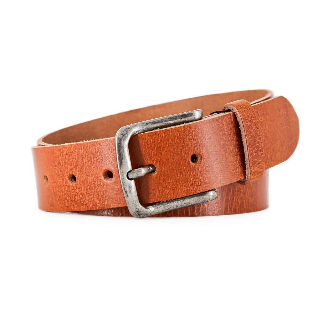 Brown leather belt with a silver buckle on a white background