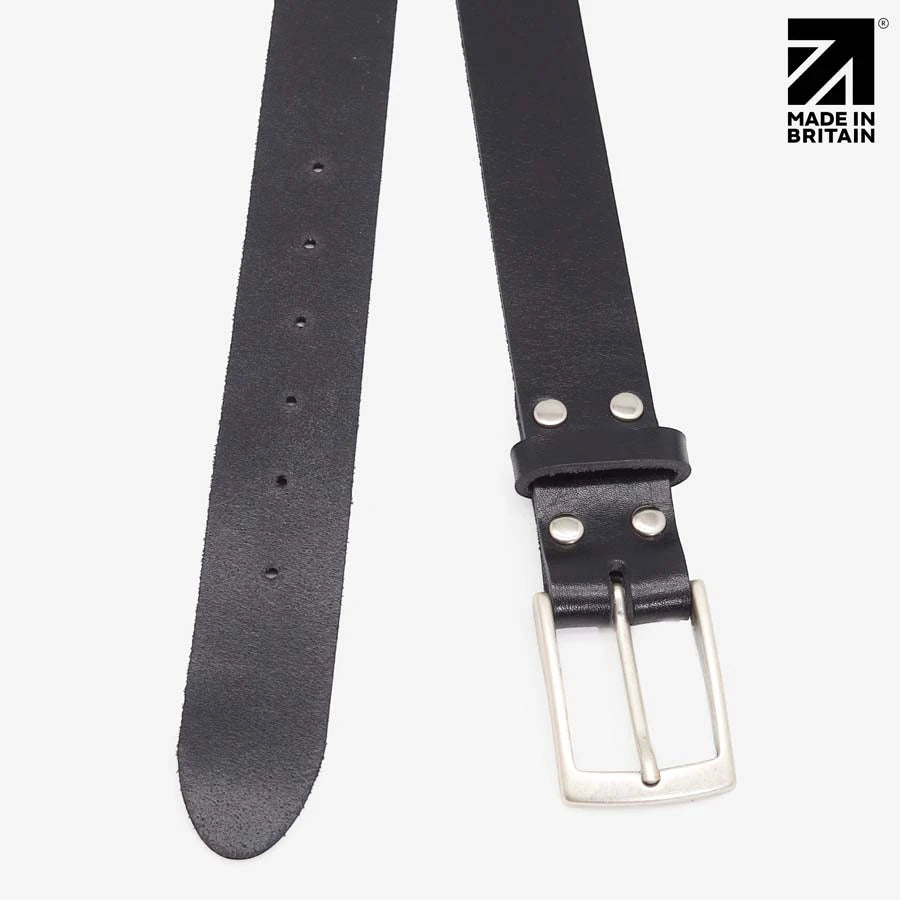 Full-length black leather belt showing adjustment holes and pointed tip