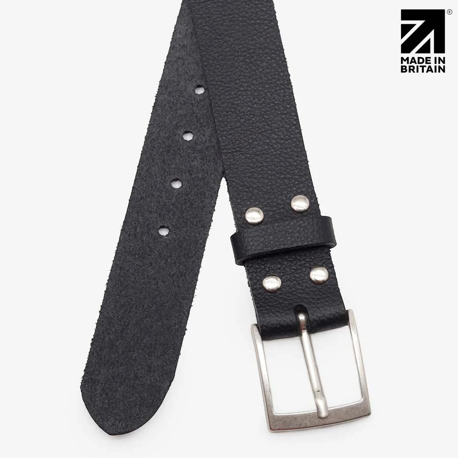 Full-length black 40mm leather belt showing adjustment holes and pointed tip