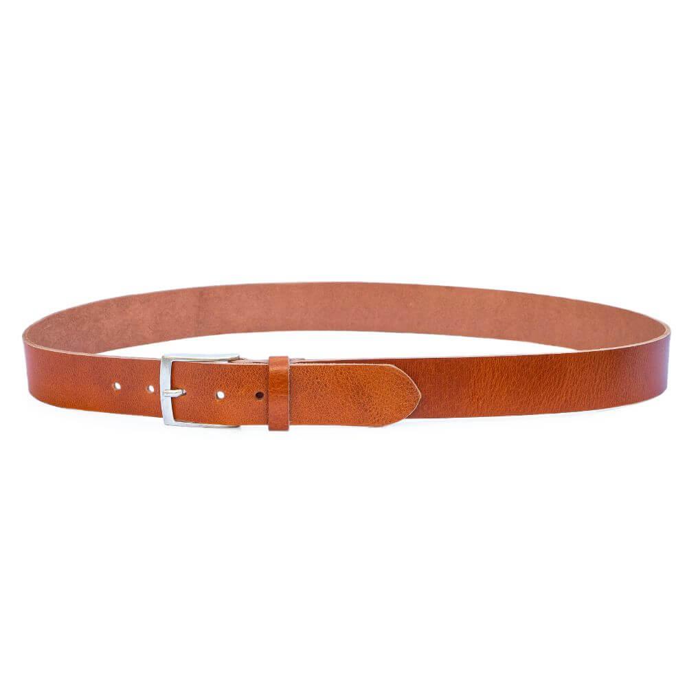 Brown leather belt with a silver buckle on a white background
