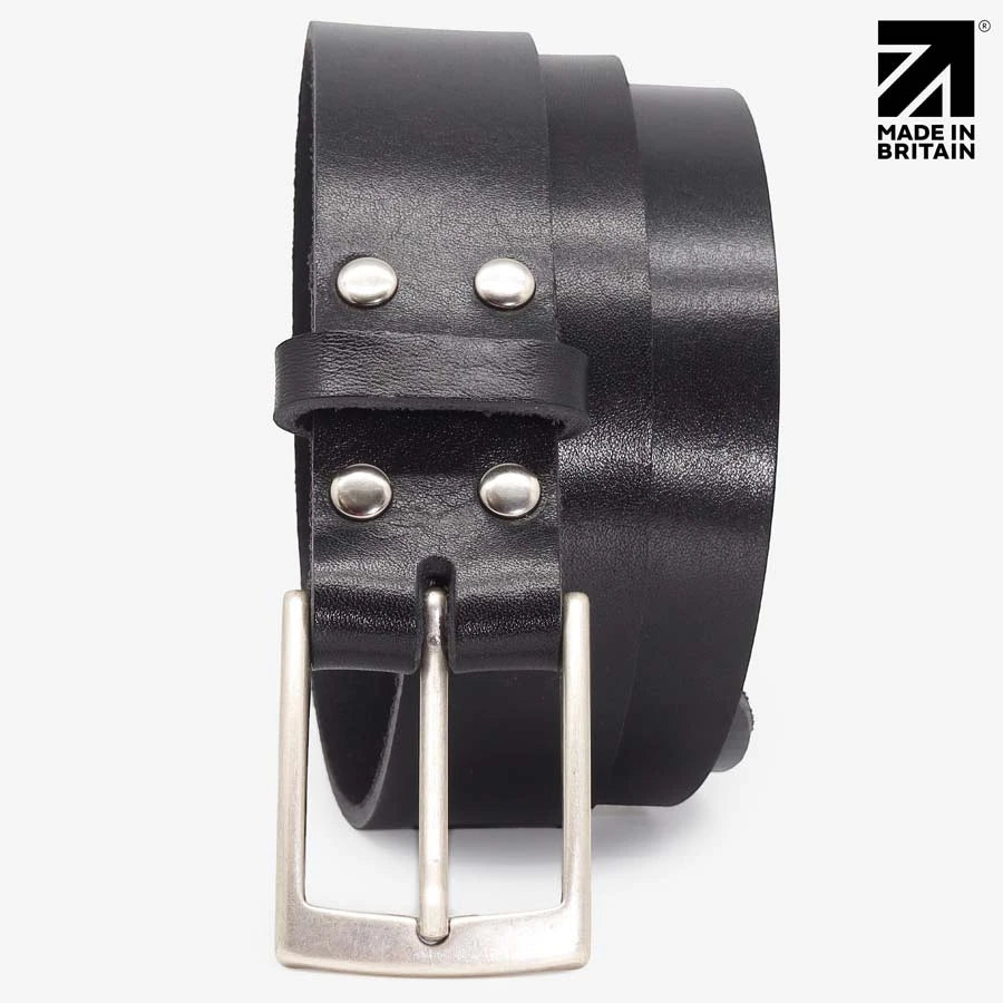 Rolled black 35mm leather belt with polished nickel buckle