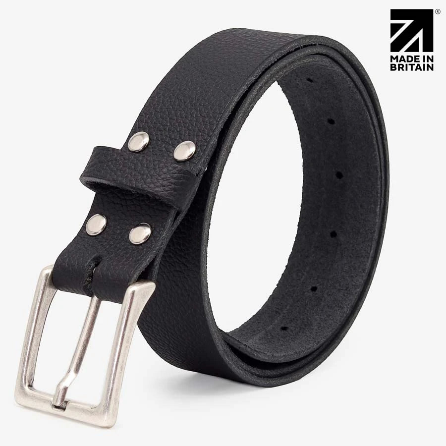 Men's black leather belt with polished nickel pin buckle