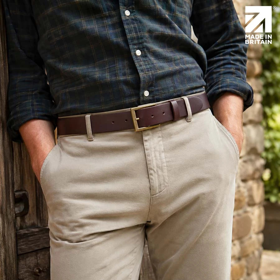 Men's brown 35mm full-grain Italian leather belt made in Britain, worn with chinos