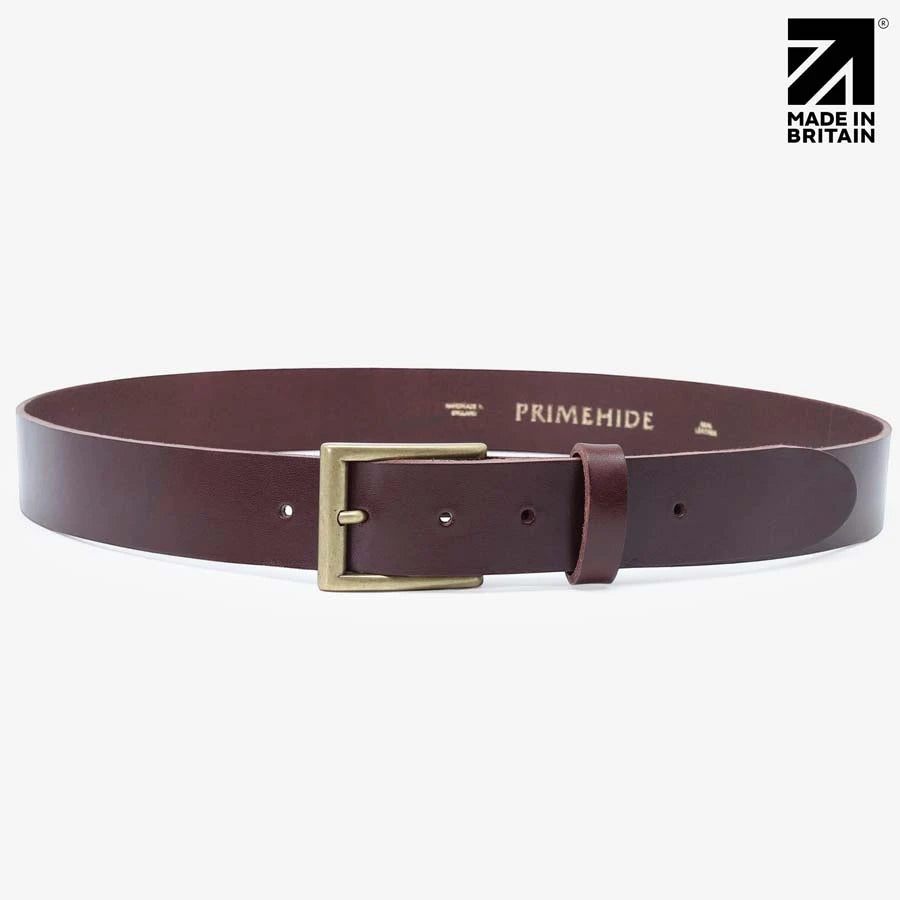 Brown full-grain Italian leather belt showing six adjustment holes and leather tip