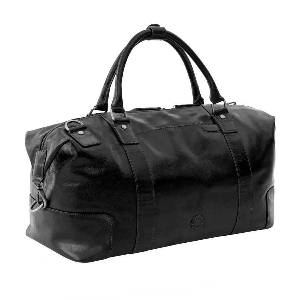 Angled front view of Orion large black leather holdall travel bag by Primehide, full-grain leather with brass fittings.