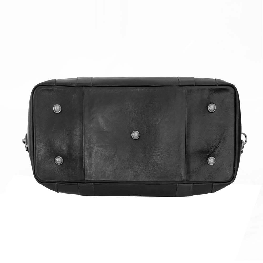 Base of Orion large black leather holdall travel bag by Primehide showing reinforced panel and protective metal feet.