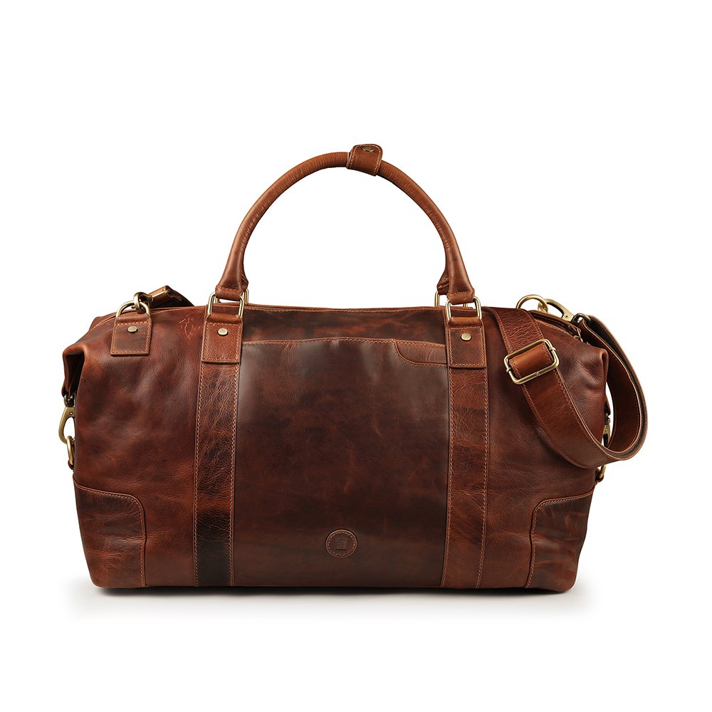 Front view of Orion large tan full-grain leather holdall travel bag by Primehide, showing handles and zip detail.