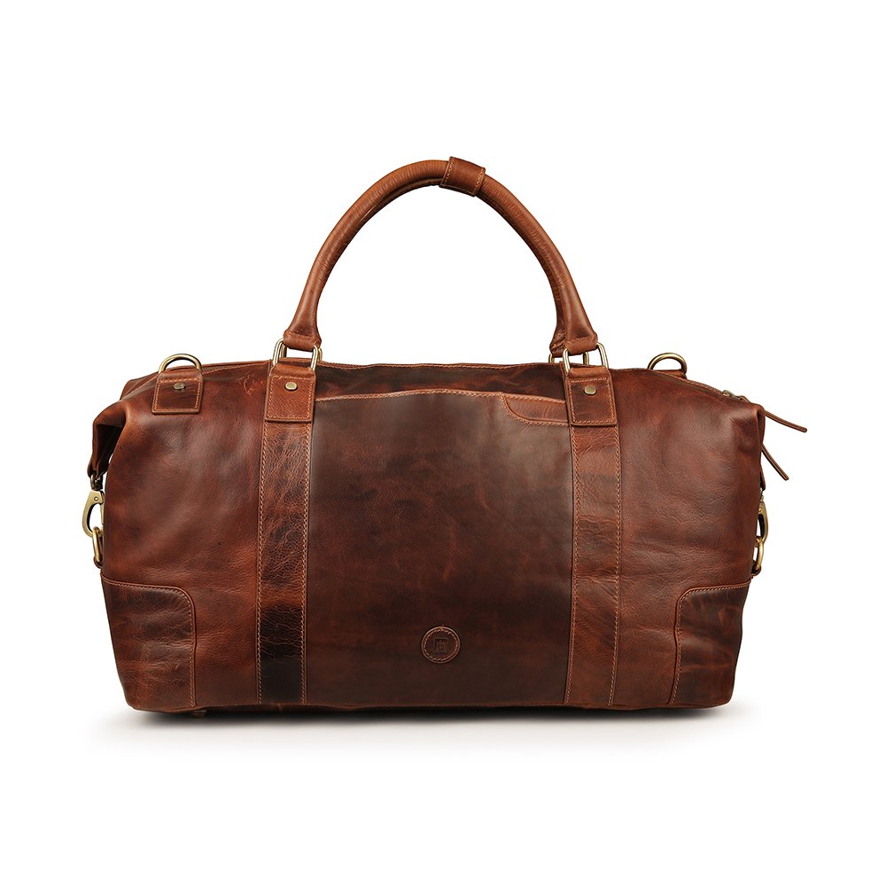Front view of Orion large tan full-grain leather holdall travel bag by Primehide