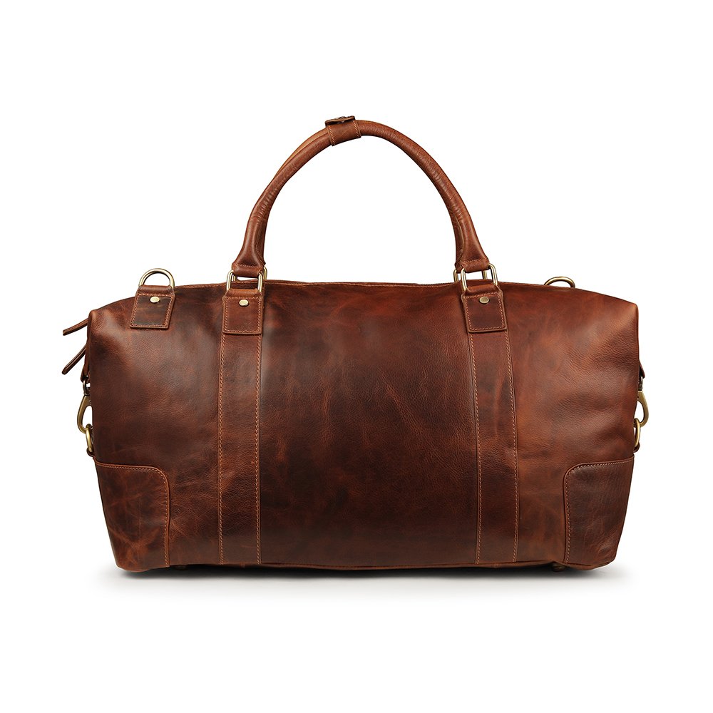 Rear view of Orion tan leather holdall travel bag by Primehide, full-grain leather construction.