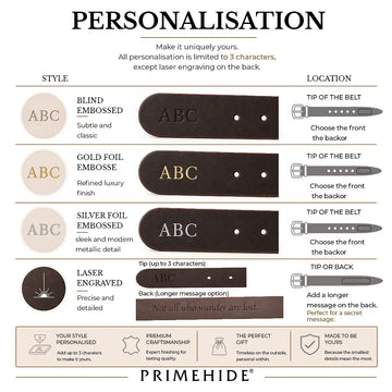 Primehide personalisation options for leather products with embossing and engraving styles.