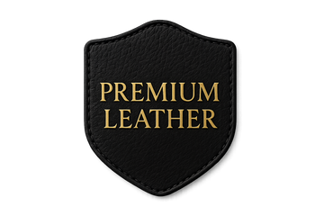 premium leather icon in black written in golden color without background