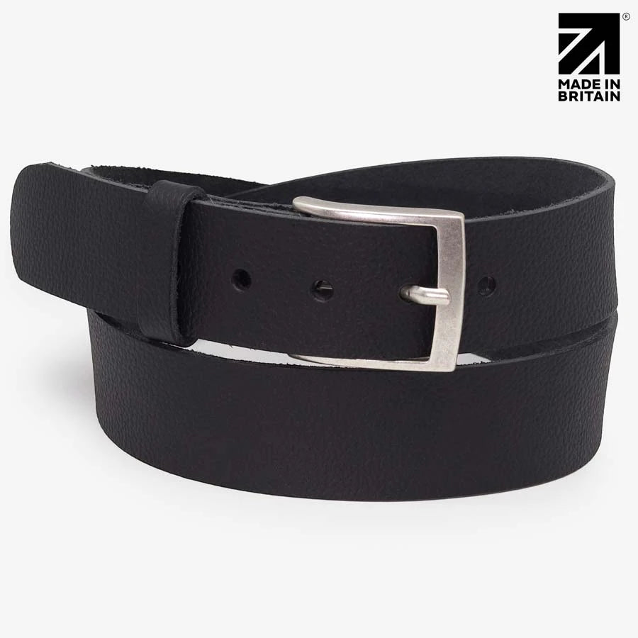 Close-up of a black pebble grain leather belt with polished nickel buckle