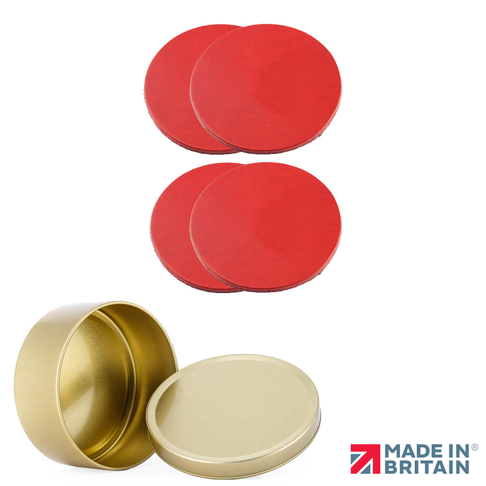 Handmade red full-grain leather coasters set of 4 in gold tin, made in the UK