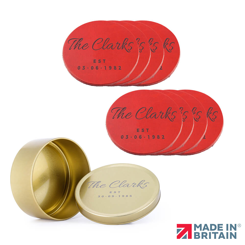 Leather Coasters Set of 8 with Gold Tin – Handmade in the UK
