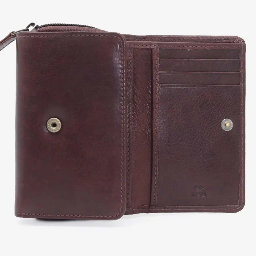 Women's RFID Leather Trifold Purse Tuscan Brown Open View