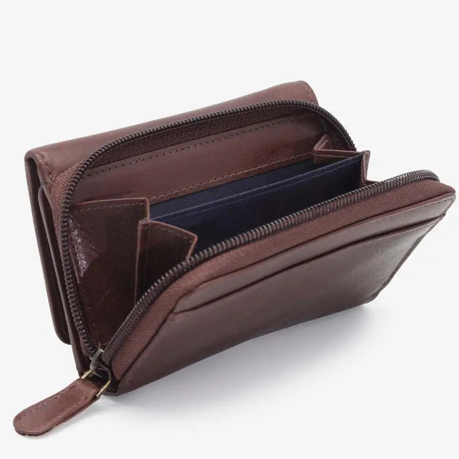 Women's RFID Leather Trifold Purse Tuscan Brown Open Zipped View