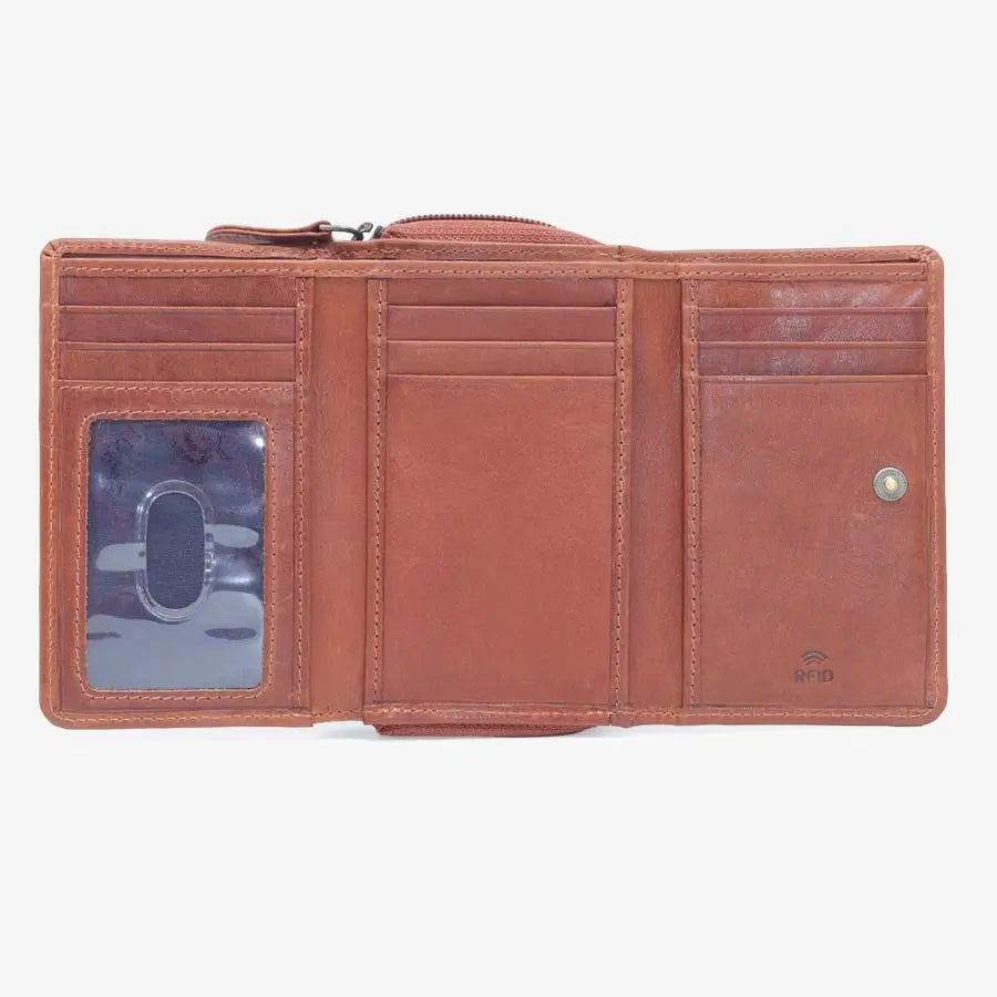 Women's RFID Leather Trifold Purse Tuscan Tan Inside View