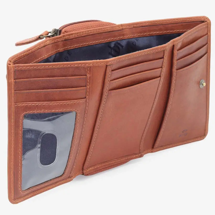 Women's RFID Leather Trifold Purse Tuscan Tan Multi Comaprtment View