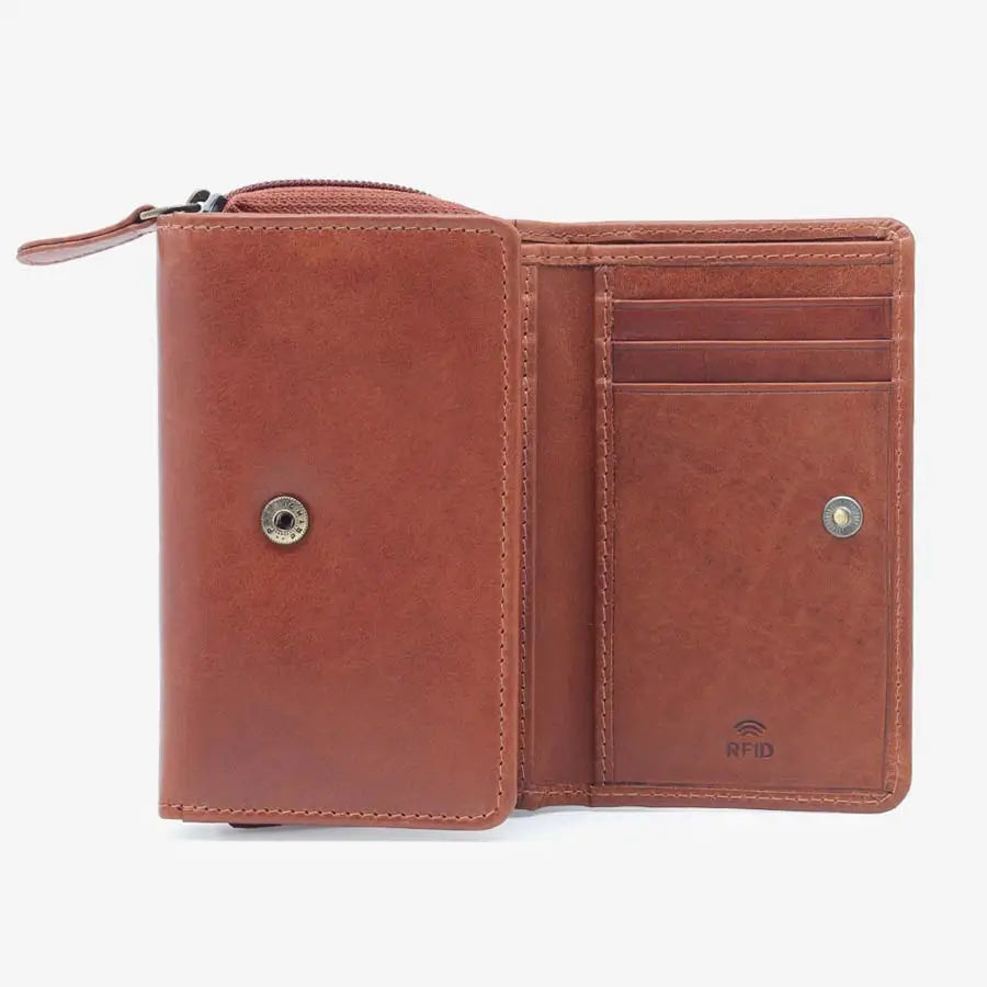 Women's RFID Leather Trifold Purse Tuscan Tan Open View