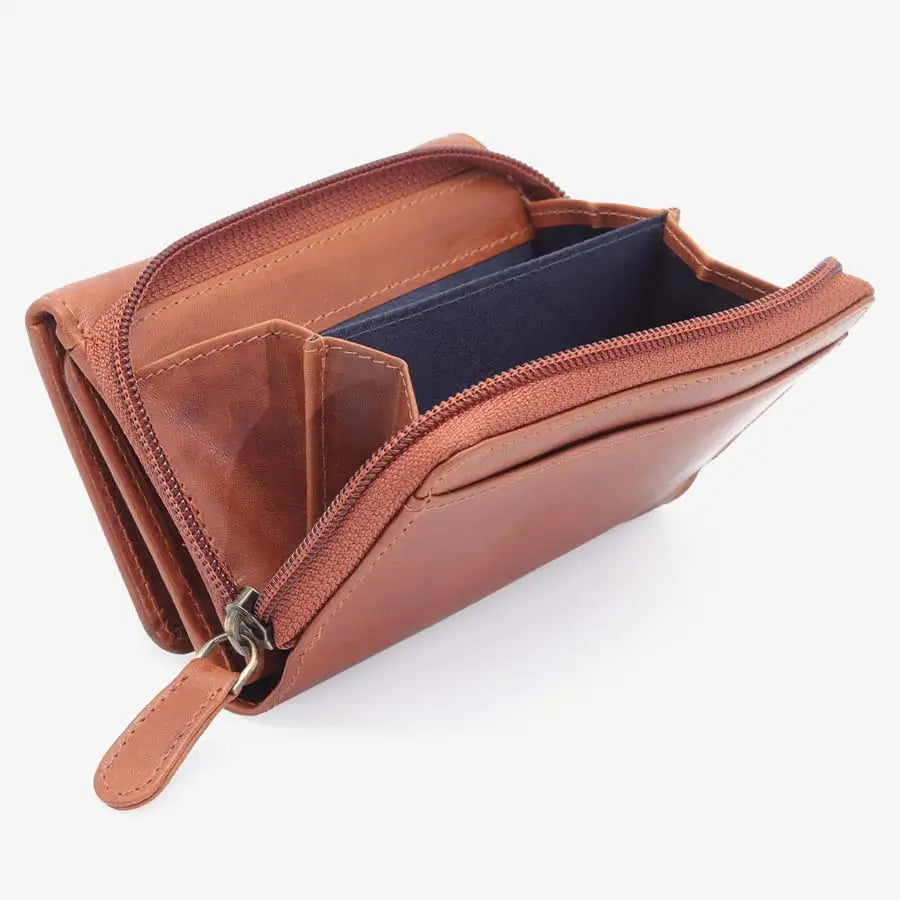 Women's RFID Leather Trifold Purse Tuscan Tan Open Zipped View