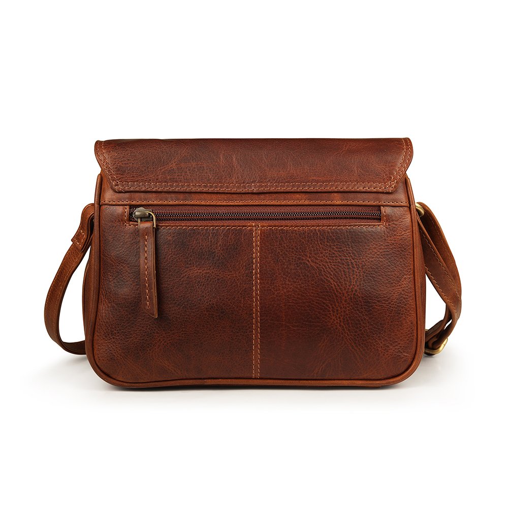 Rear view of Orion brown leather handbag by Primehide with back zip pocket.