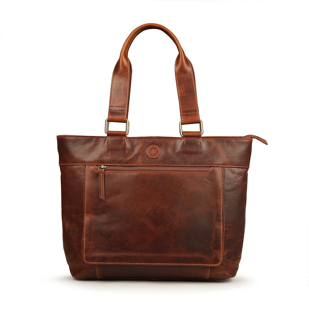 Front profile of Orion women’s leather laptop tote bag with shoulder strap.