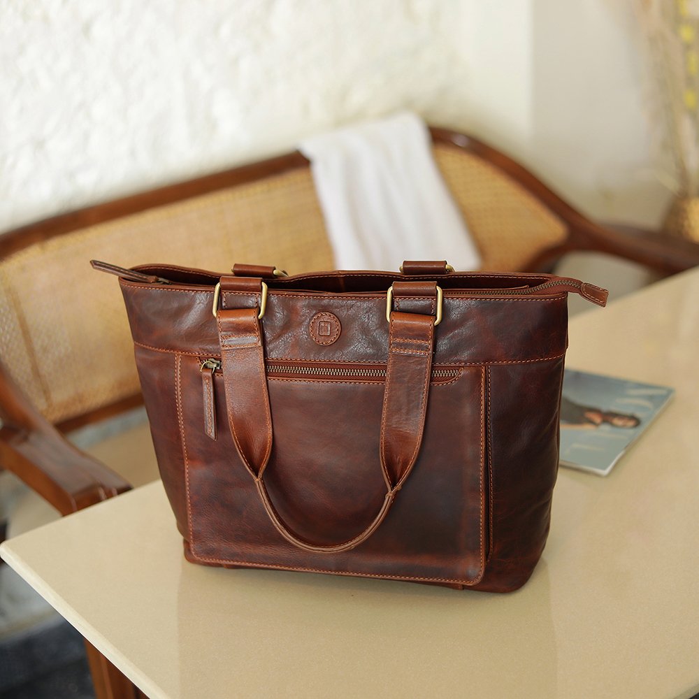 Orion women’s leather laptop tote bag by Primehide styled for work and travel.