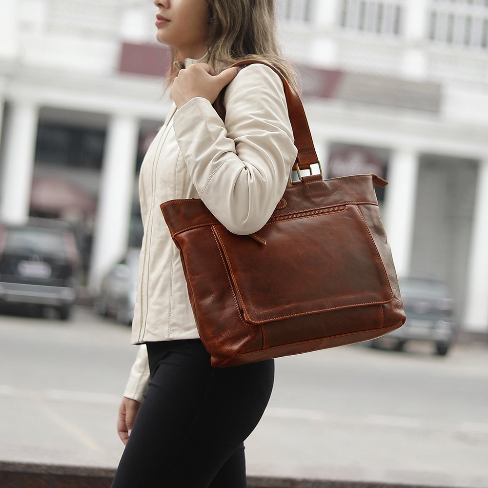 Women’s leather laptop tote bag – Orion by Primehide, front view showing structured design.