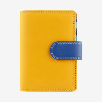 Yellow wallet with a blue strap on a white background