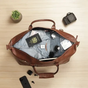 Top-down view of the leather holdall packed with travel essentials, including clothes, a passport, and a watch.