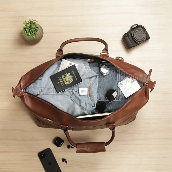 Top-down view of the leather holdall packed with travel essentials, including clothes, a passport, and a watch.