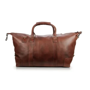 Front-centred view of the brown leather holdall, highlighting the smooth leather finish and minimalistic design.