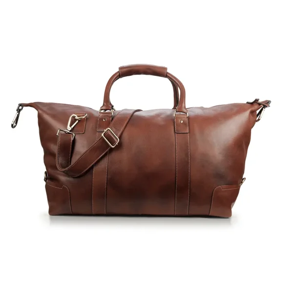 Front view of a vintage-style leather holdall in rich brown leather, showcasing sturdy handles and a detachable shoulder strap.