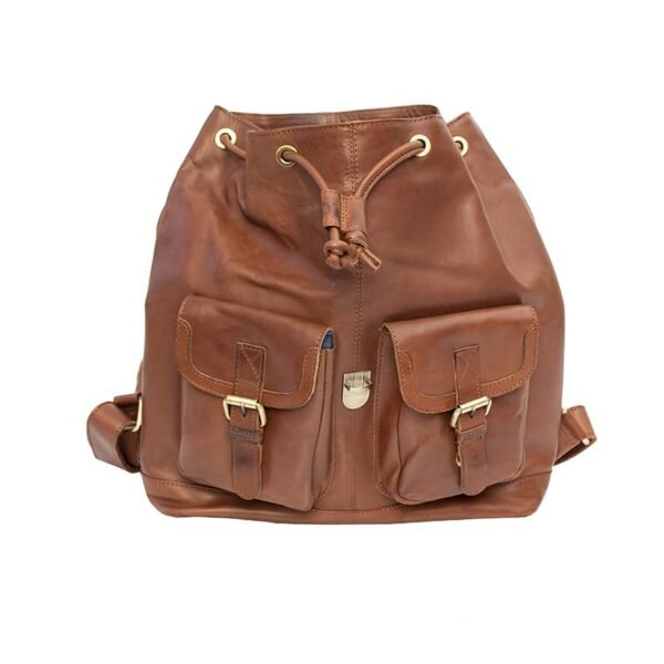 a brown leather backpack with a drawstring closure