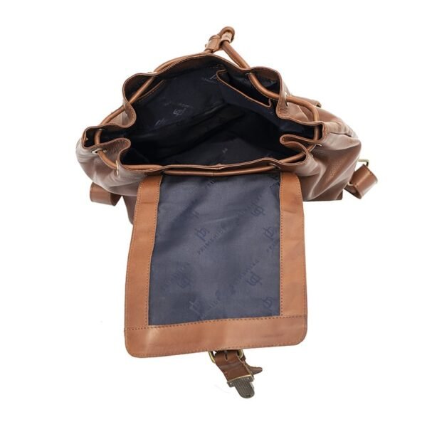 a brown leather backpack is open to show a large main section