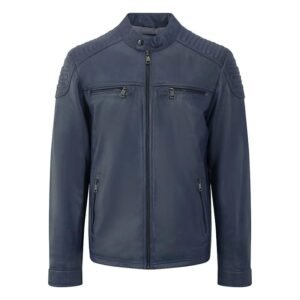 Blue Leather Jacket with Classic quilted texture on the shoulders