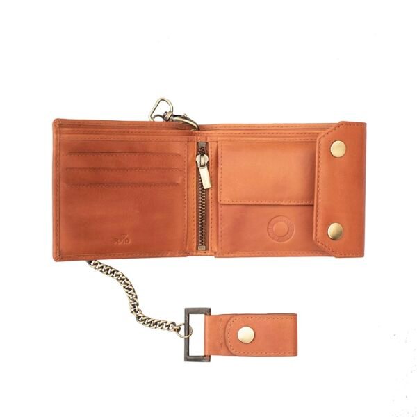 a tan leather biker wallet is open to show a bifold design. There are card slots to the left a zipped section in the middle and a buttoned coin pocket to the right. The wallet has a chain with a leather loop to attach to a belt