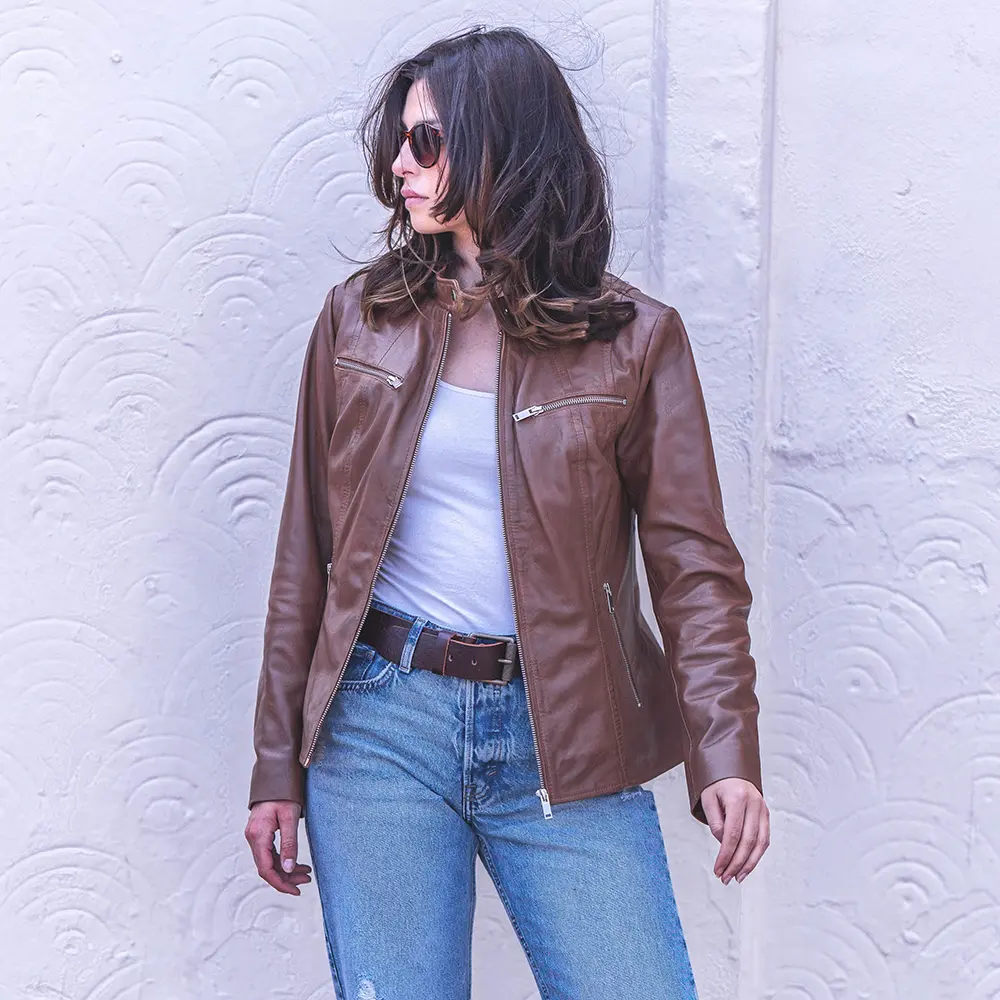 Brown leather jacket for women