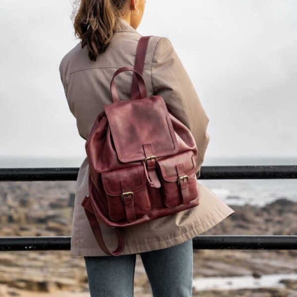 vintage style leather backpack, bordeaux colour