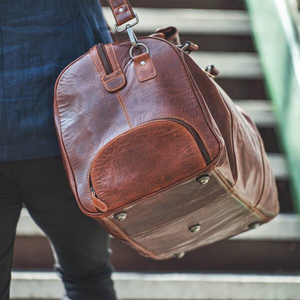 Brown Leather Duffle Bag with shoe section