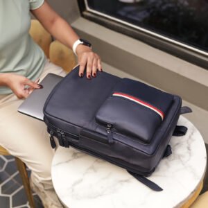 Blue Leather Laptop Backpack For Work