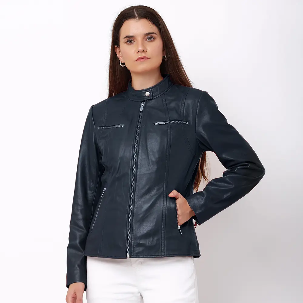 Navy leather jacket for women