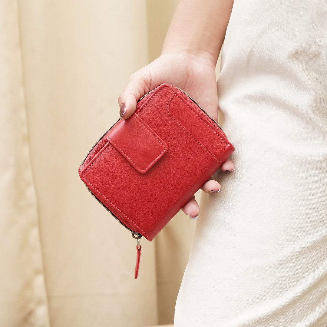 The Velura Red Leather Purse medium Zip Around Trifold