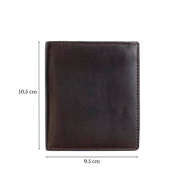 a bifold wallet that measures 10.5 cm high and 9.5 cm wide