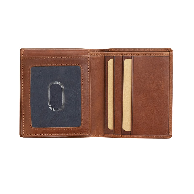 a chestnut leather wallet is open with cards inserted into the slots