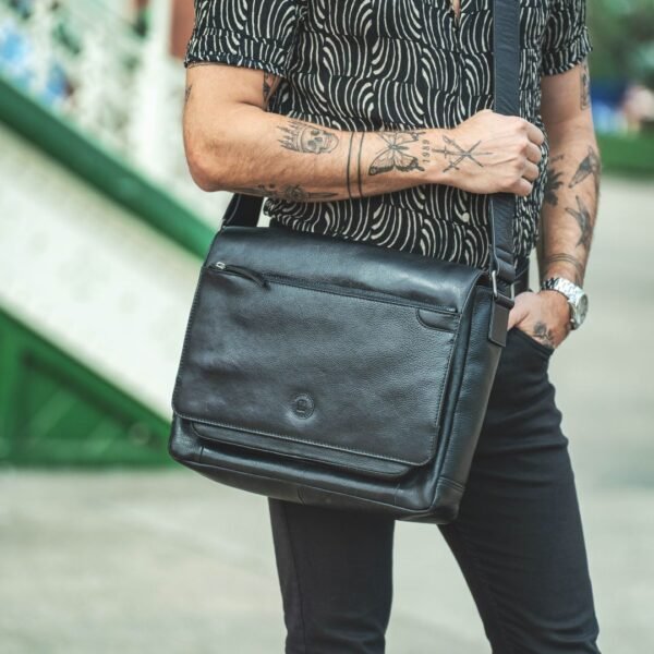 black leather messenger bag