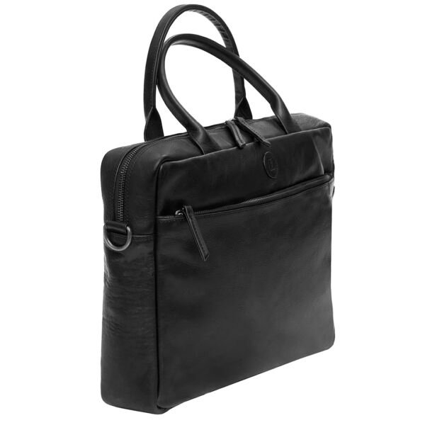 side view of a black leather messenger bag with top carry handles